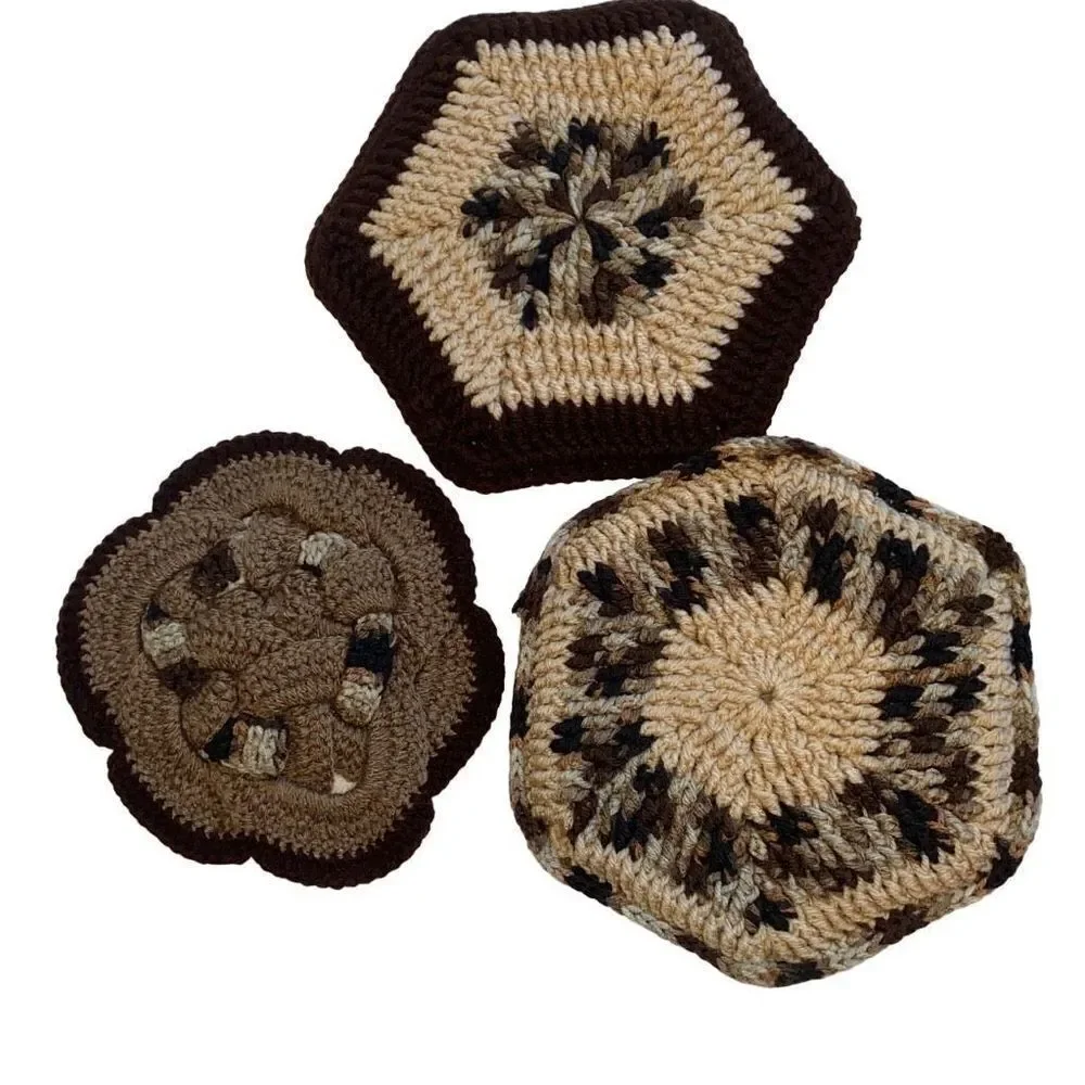 Set Of 3 Handmade Grandma Crochet Pot Holders/ Rests Brown Multicolor 9 Inch